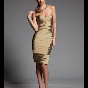Strapless Gold Ruched Bodycon Dress